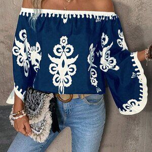 Navy Blue Boho Women's Off-Shoulder Printed Shirt